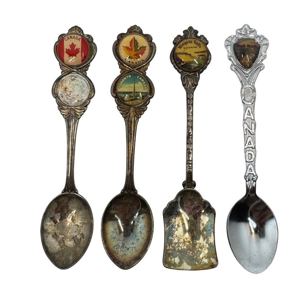 Vtg Canada Souvenir Spoon Lot 4 Enamel Niagara Falls Toronto Banff Maple‎ Leaf